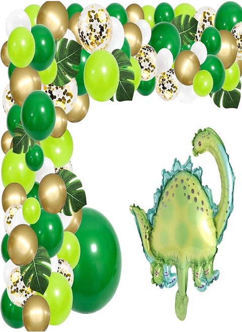 2pc cartoon dinosaur balloons for kids birthday party decoration and 126pcs, green balloon arch for jungle party, tropical palm leaves decorations for jungle party, birthday, animal theme parties