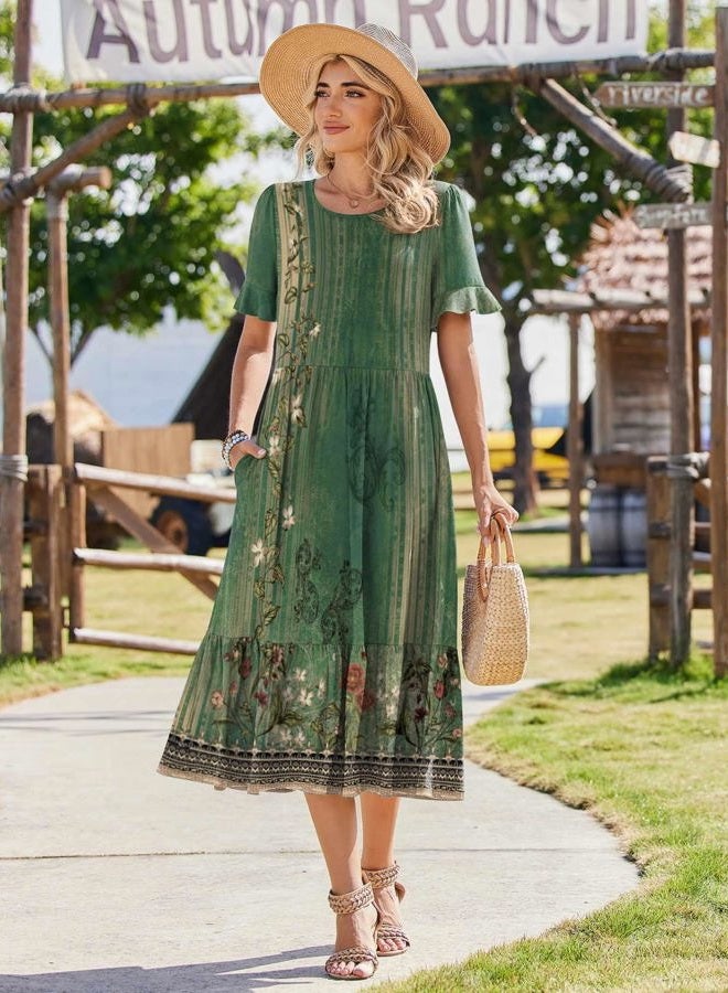 zeagoo Womens Summer Dresses 2026 Casual Midi Dress Flowy Sundress Ruffle Short Sleeve Tiered Dresses A Line Boho Dress, Green Floral, L - Image 3