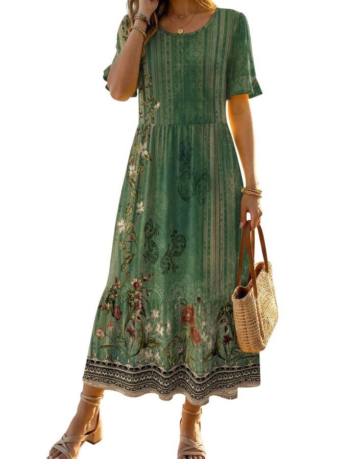 zeagoo Womens Summer Dresses 2026 Casual Midi Dress Flowy Sundress Ruffle Short Sleeve Tiered Dresses A Line Boho Dress, Green Floral, L - Image 1