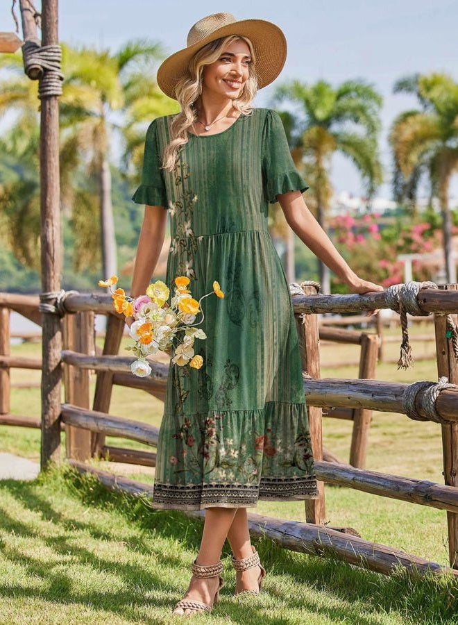 zeagoo Womens Summer Dresses 2026 Casual Midi Dress Flowy Sundress Ruffle Short Sleeve Tiered Dresses A Line Boho Dress, Green Floral, L - Image 4