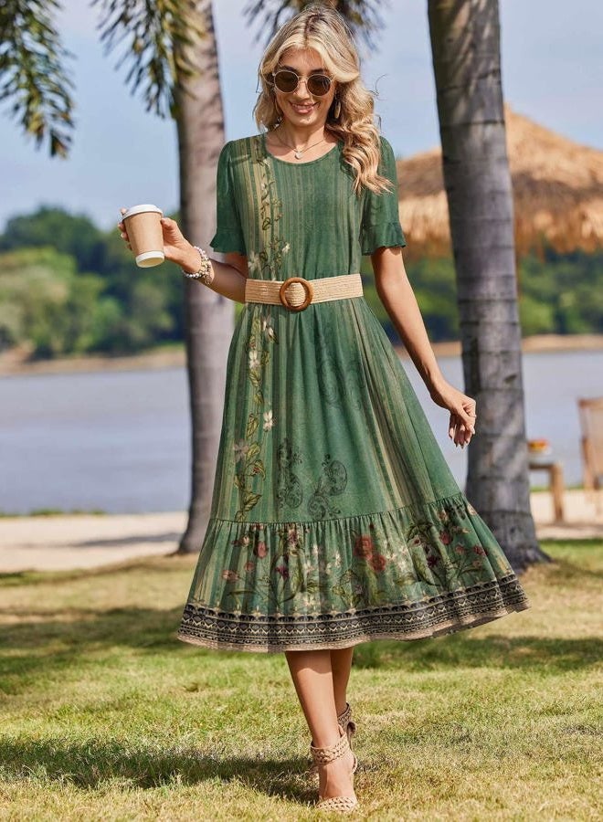 zeagoo Womens Summer Dresses 2026 Casual Midi Dress Flowy Sundress Ruffle Short Sleeve Tiered Dresses A Line Boho Dress, Green Floral, L - Image 5