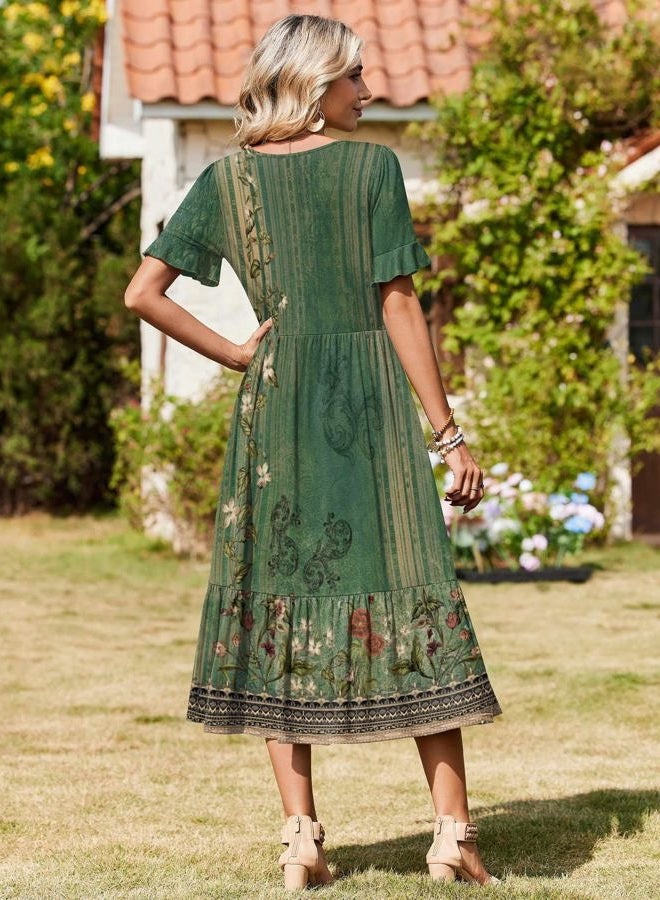 zeagoo Womens Summer Dresses 2026 Casual Midi Dress Flowy Sundress Ruffle Short Sleeve Tiered Dresses A Line Boho Dress, Green Floral, L - Image 2