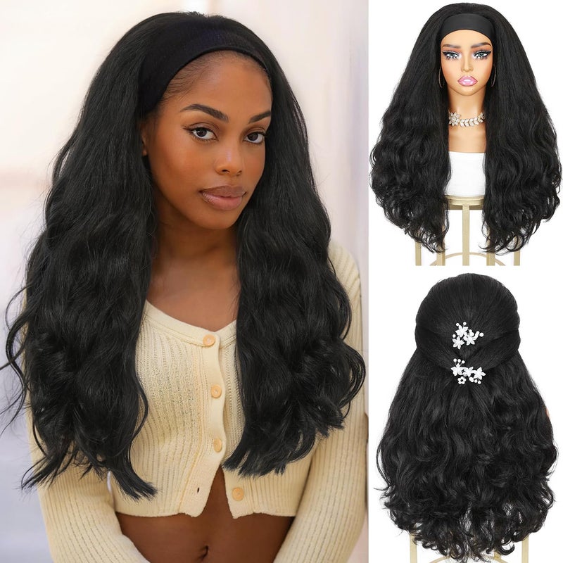Quantum Love Yaki Curly Headband Wigs for Black Women Kinky Straight Black Headband Curly Ends 26inch Synthetic Wear and Go Glueless Half Wig with Headbands Attached - Image 1