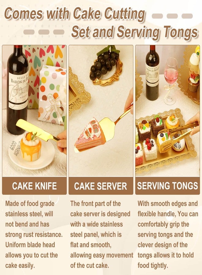 أوداب طقم عرض حلويات أوداب الذهبي، يشمل حامل الكيك، وحامل الكب كيك، وصواني التقديم، وأطباق التقديم، ومجموعة تقطيع الكيك، وملقط التقديم، مثالي لتزيين حفلات الزفاف ذات الطابع الكلاسيكي، وتزيين أطعمة الحفلات. - Image 5