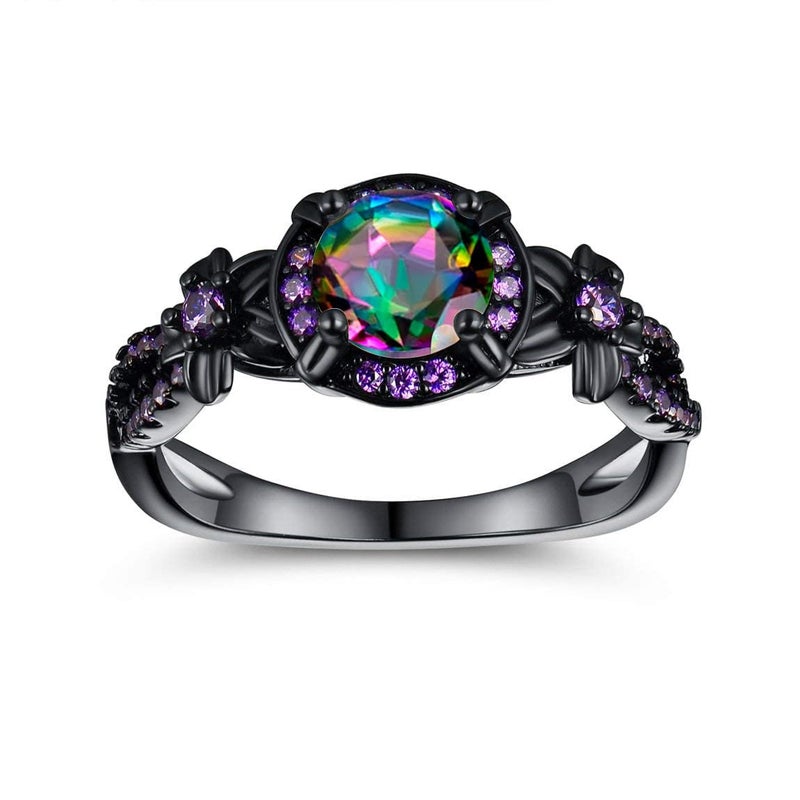 VOLUKA Women Eternity Rings18K Black Gold Plated Rainbow CZ Created Amethyst Gemstone Wedding Engagement Band for Bride Dainty Jewelry Gifts (8) - Image 1