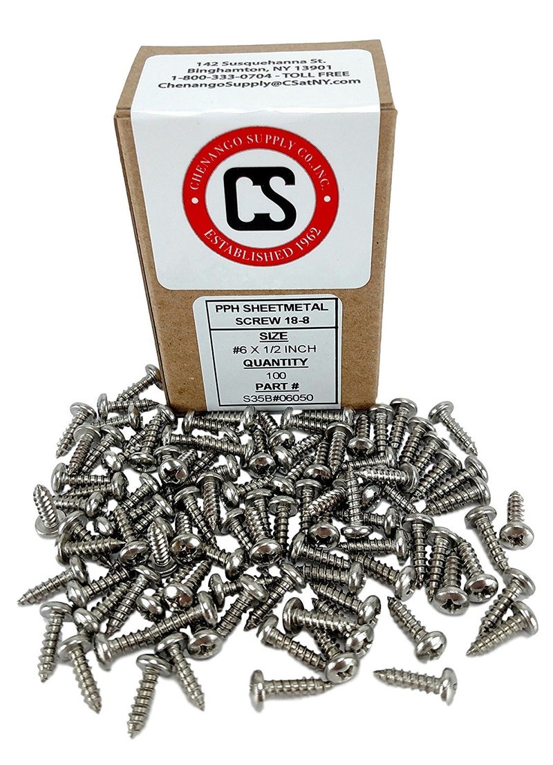 Chenango Supply #6 X 1/2" Stainless Philips Pan Head Sheetmetal Screw (1/2" to 2" Lengths in Listing) 100 Sheet Metal Screws (#6 x 1/2 inch) - Image 2