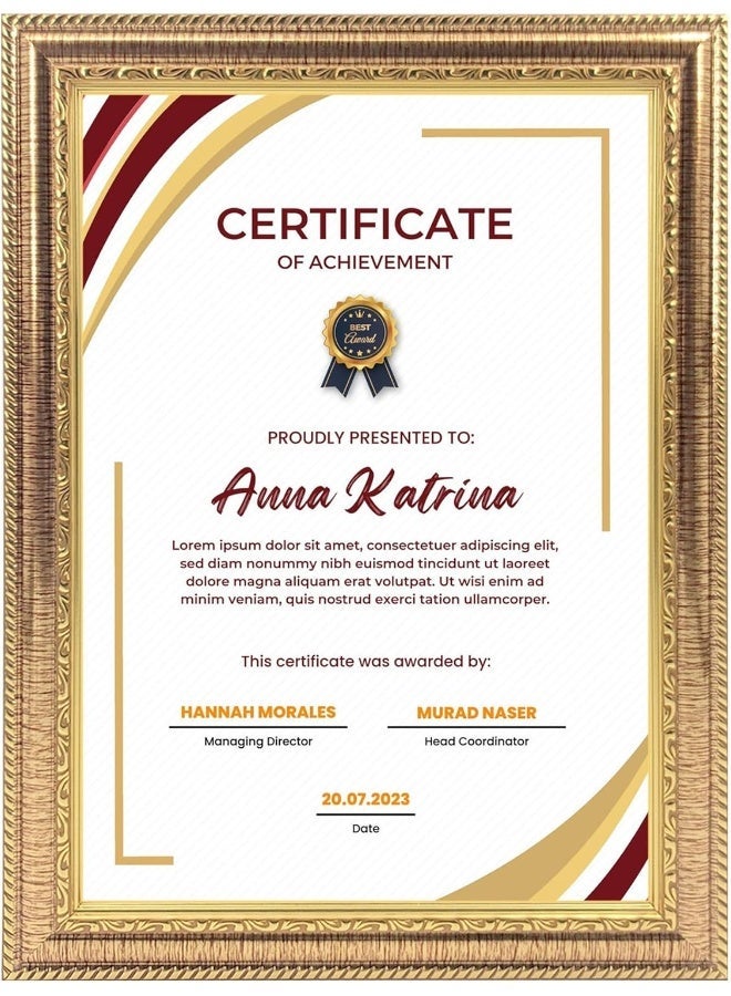 FRAMES & DECOR A4 CLASSIC DESIGN CERTIFICATE  WALL MOUNT TABLETOP DISPLAY, GOLD, SIZE 25.5X34.2CM