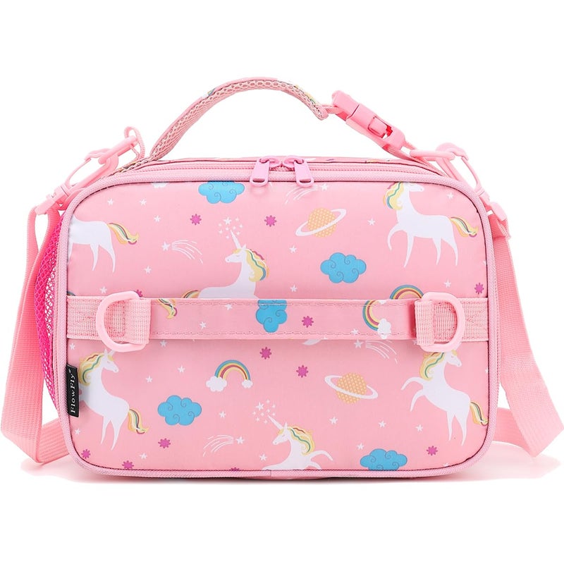 FlowFly Kids Lunch Bag Durable Insulated School Lunch Box with Shoulder Strap and Bottle Holder Waterresistant Thermal Small Lunch Cooler Tote for Teen Boys  GirlsPinkUnicorn