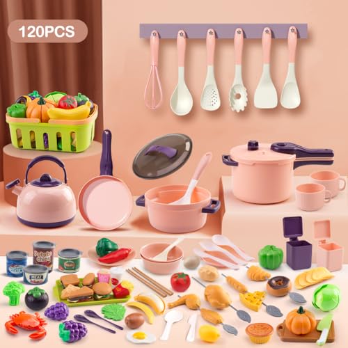 Zero Zoo 120Pcs Mini Play Kitchen Accessories Kids Pretend Cooking Playset with Desserts Cuttable Veggies BBQ Storage Basket Educational RolePlay Gift for Toddlers Child Pink - Image 5