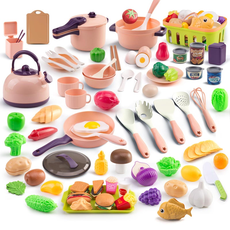 Zero Zoo 120Pcs Mini Play Kitchen Accessories Kids Pretend Cooking Playset with Desserts Cuttable Veggies BBQ Storage Basket Educational RolePlay Gift for Toddlers Child Pink - Image 3