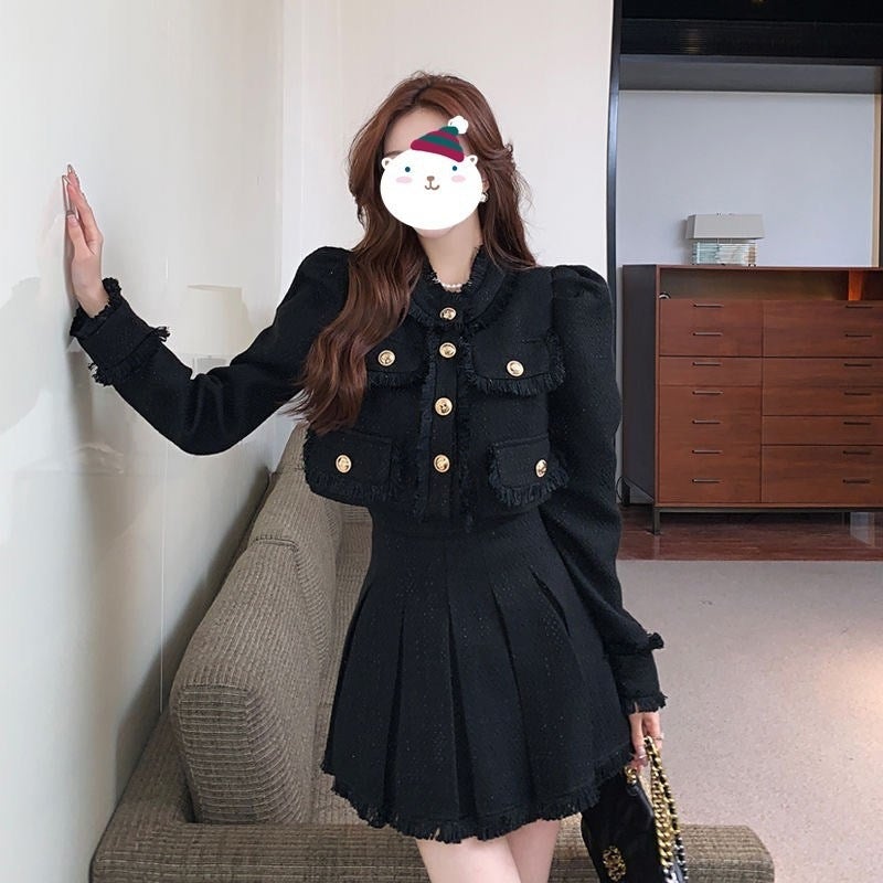 2024 Spring and Autumn New Style Small Fragrance Suit Skirt Womens Korean Style Gentle Style Pleated Skirt Temperament Light Luxury Velvet Jacket Black skirt (single piece)