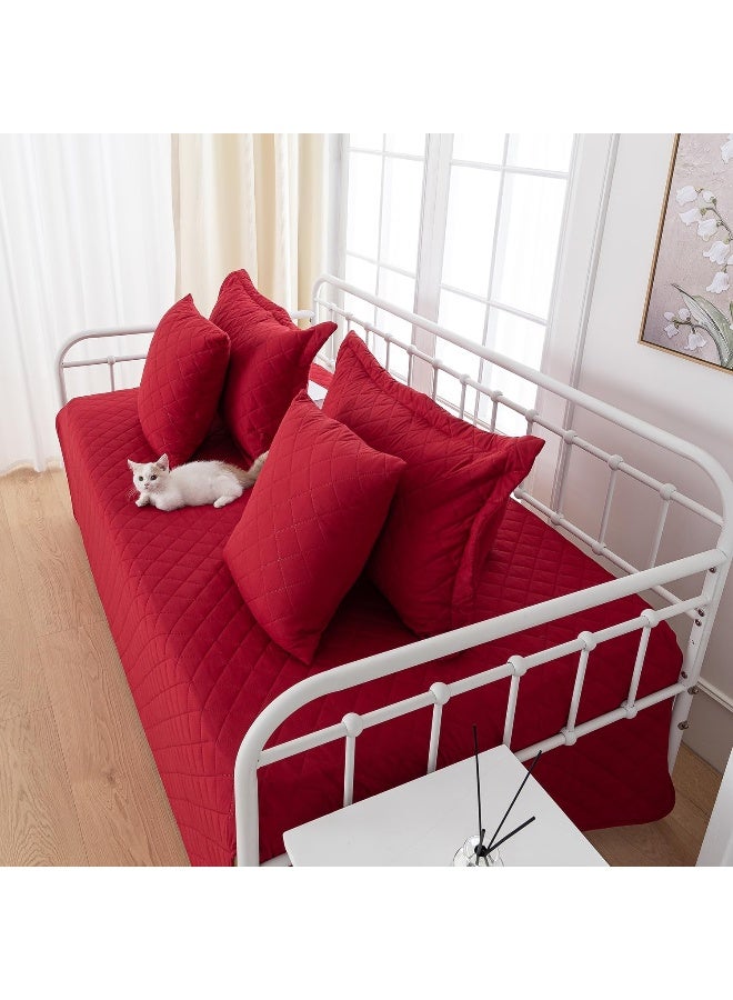 Feyocn Feyocn 5-Piece Daybed Cover Set Burgundy Red, Twin Cozy Daybed Bedding Sets for All Season Lightweight Daybed Comforter Bedspread, Geometric Print Day Bed Cover for Twin Bed with 4 Pillow Shams, 39"x75"  - Image 5