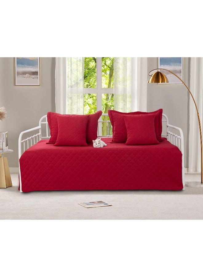 Feyocn Feyocn 5-Piece Daybed Cover Set Burgundy Red, Twin Cozy Daybed Bedding Sets for All Season Lightweight Daybed Comforter Bedspread, Geometric Print Day Bed Cover for Twin Bed with 4 Pillow Shams, 39"x75"  - Image 1