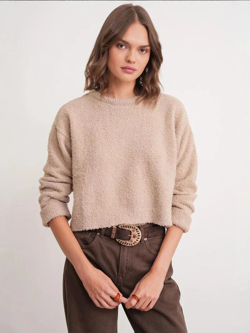 MixRay Mixray Plush Textured Crop Knit Sweater