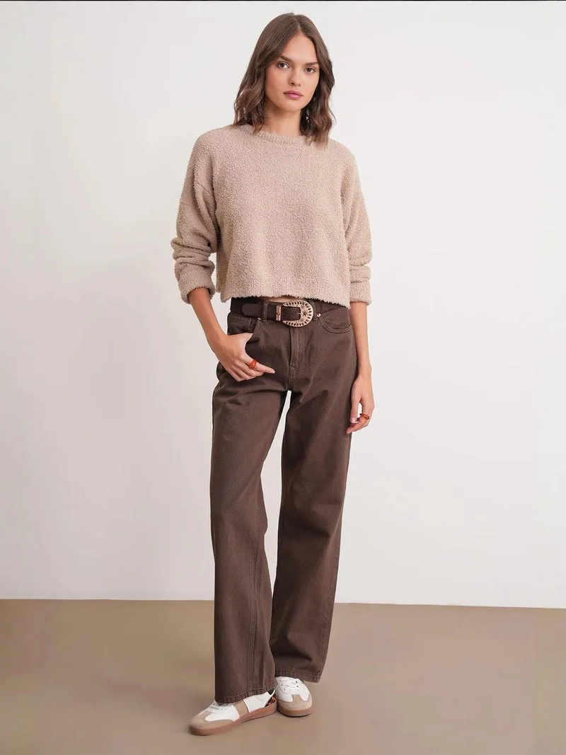 MixRay Mixray Plush Textured Crop Knit Sweater