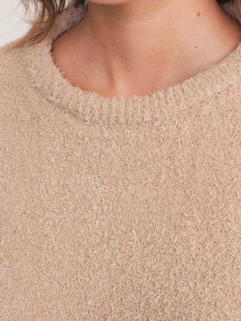 Mixray Beige Natural Mixray Plush Textured Crop Knit Sweater for Women | Best Price UAE