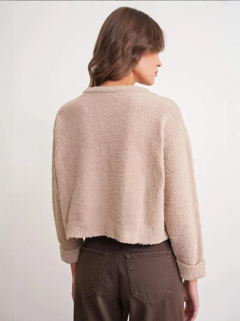 Mixray Beige Natural Mixray Plush Textured Crop Knit Sweater for Women | Best Price UAE