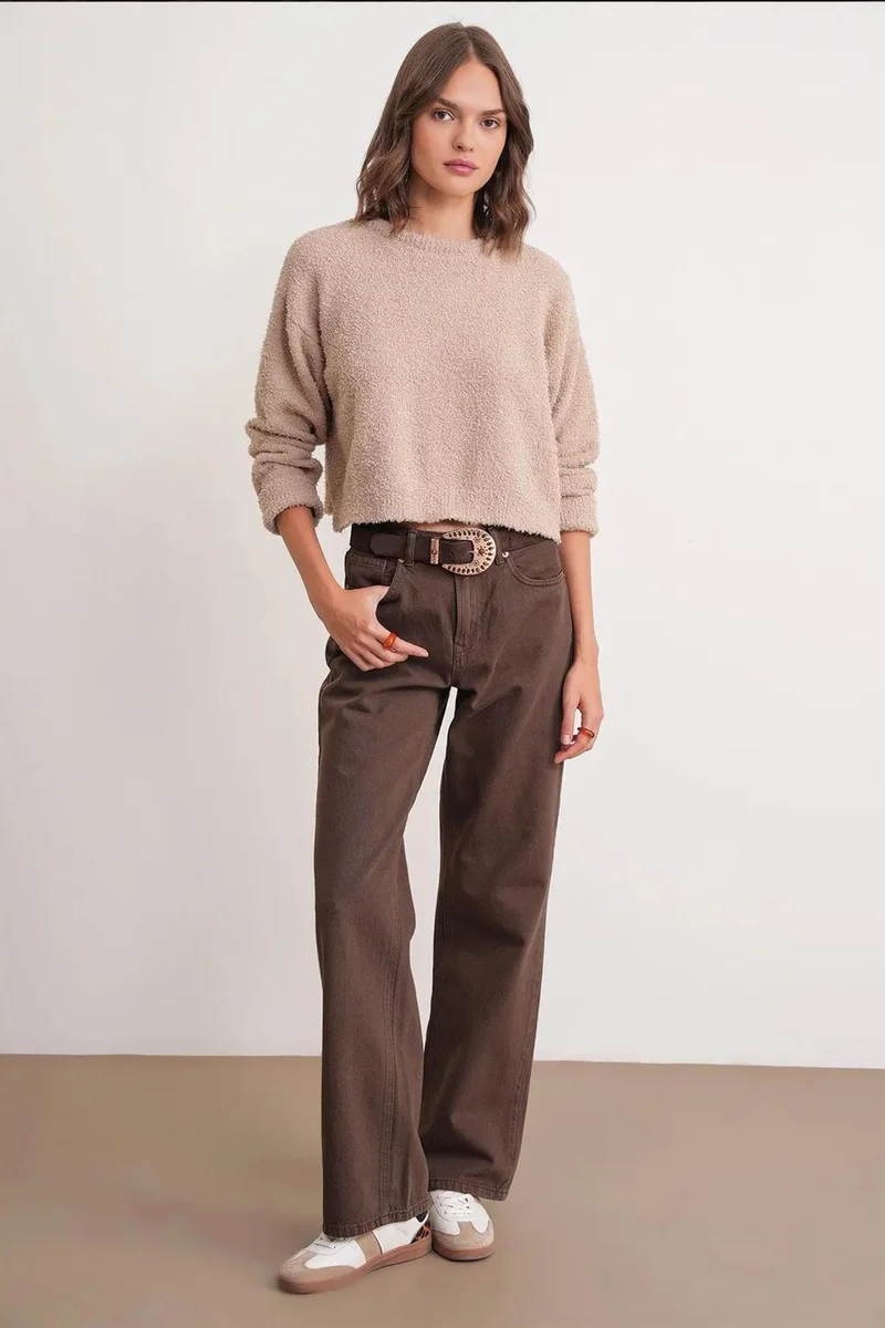 Mixray Mixray Plush Textured Crop Knit Sweater