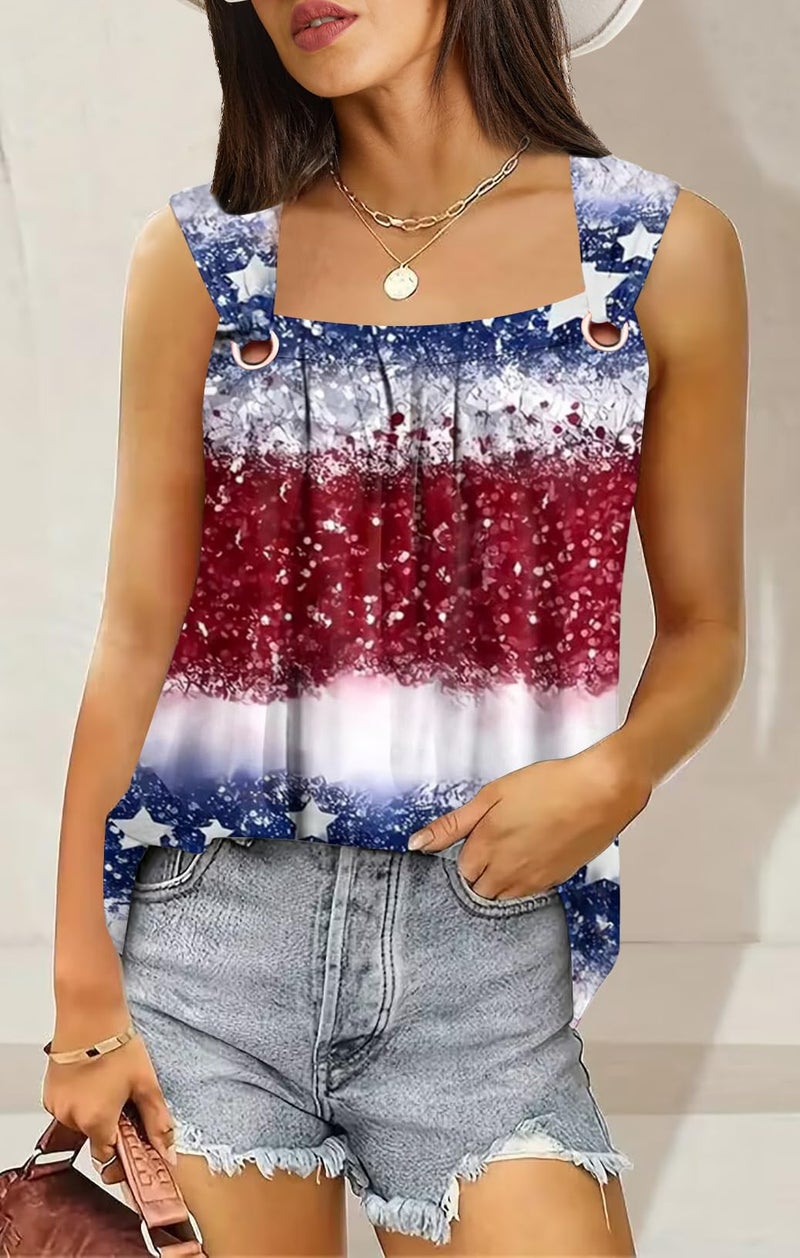 SAUKOLE Womens Sleeveless Pleated Square Neck Tank Tops Trendy Lace Shirts Summer Causal Tee Tops - Image 3