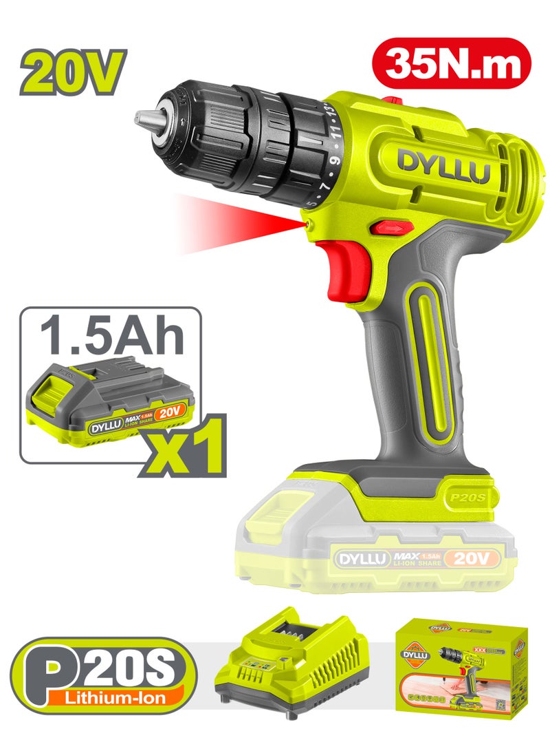 DYLLU 20V Cordless Drill 35Nm – 2-Speed Power Driver Kit with Battery and Charger