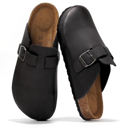 Project Cloud Mens Clogs - 100% Full Grain Genuine Leather Clogs for Men with Memory Foam Insole and Arch Support Natural Cork Footbed - Non Slip Mules Mens Slippers (Brooklyn, BLK, 10.5) - Image 1