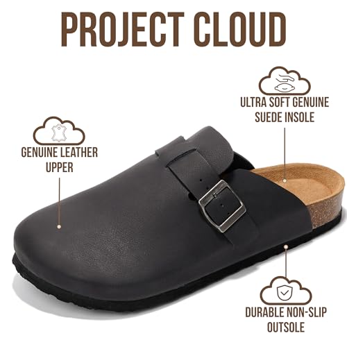 Project Cloud Mens Clogs - 100% Full Grain Genuine Leather Clogs for Men with Memory Foam Insole and Arch Support Natural Cork Footbed - Non Slip Mules Mens Slippers (Brooklyn, BLK, 10.5) - Image 3