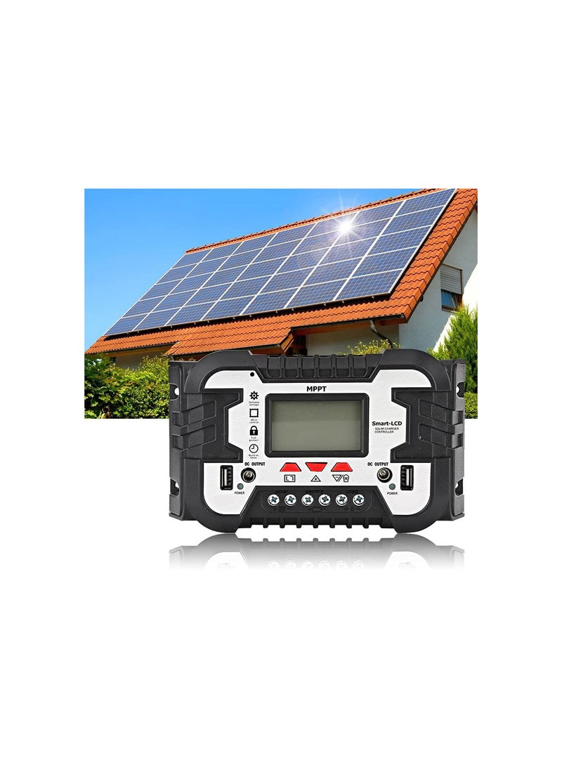 Solar Charge Controller, MPPT Dual USB LCD Display 2.4A 12V24V IP32 Waterproof(50A)