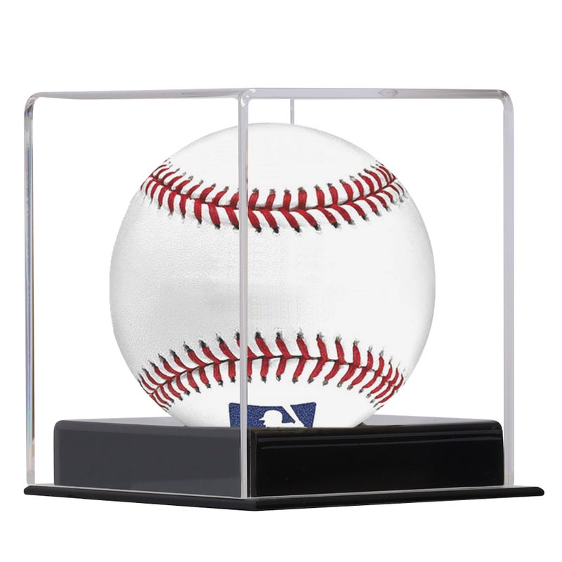 DisplayGifts Pro UV Protected Softball Display Case Baseball Display Case Stand Championship Square BoxClear Display Cube for Official 12 Inches Ball Ball Storage Collections Black Plastic Stand