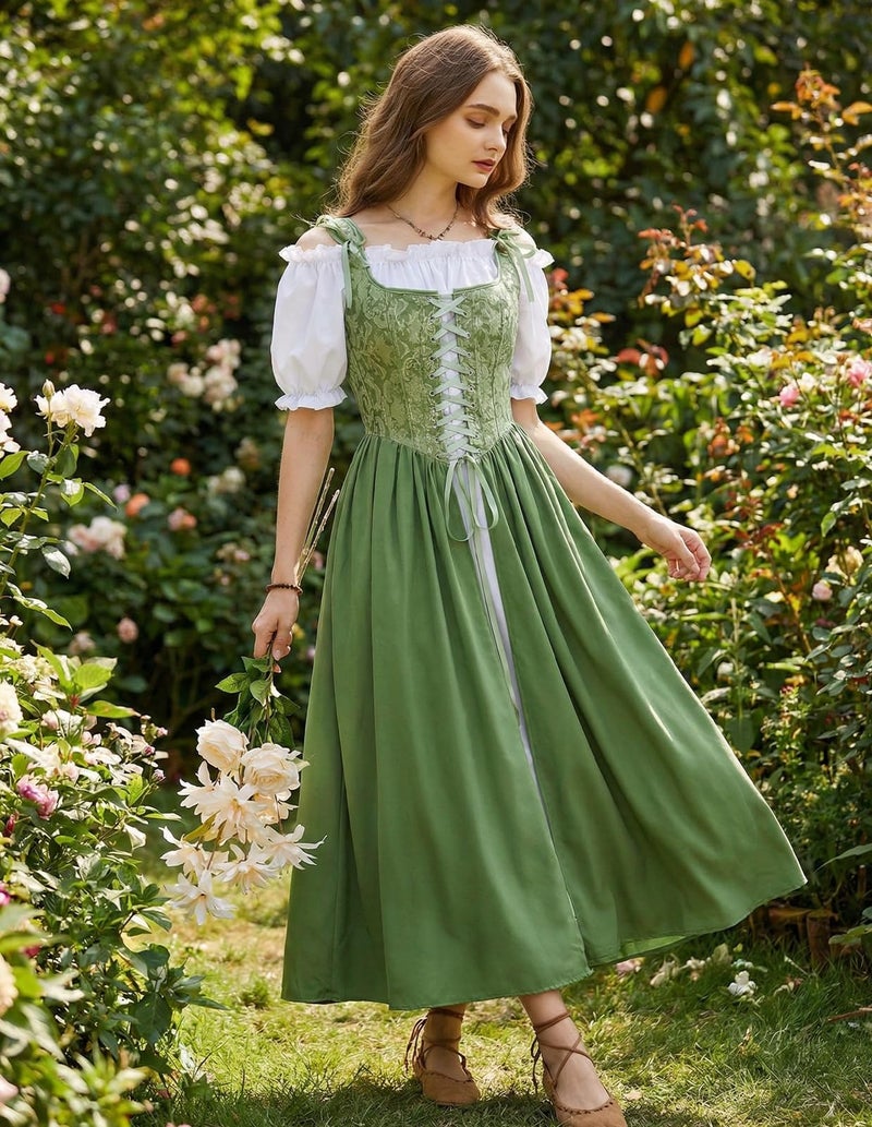 Scarlet Darkness Renaissance Costume Women Medieval Corset Dress Puff Sleeve Fairy Dress Green Size 6 - Image 3
