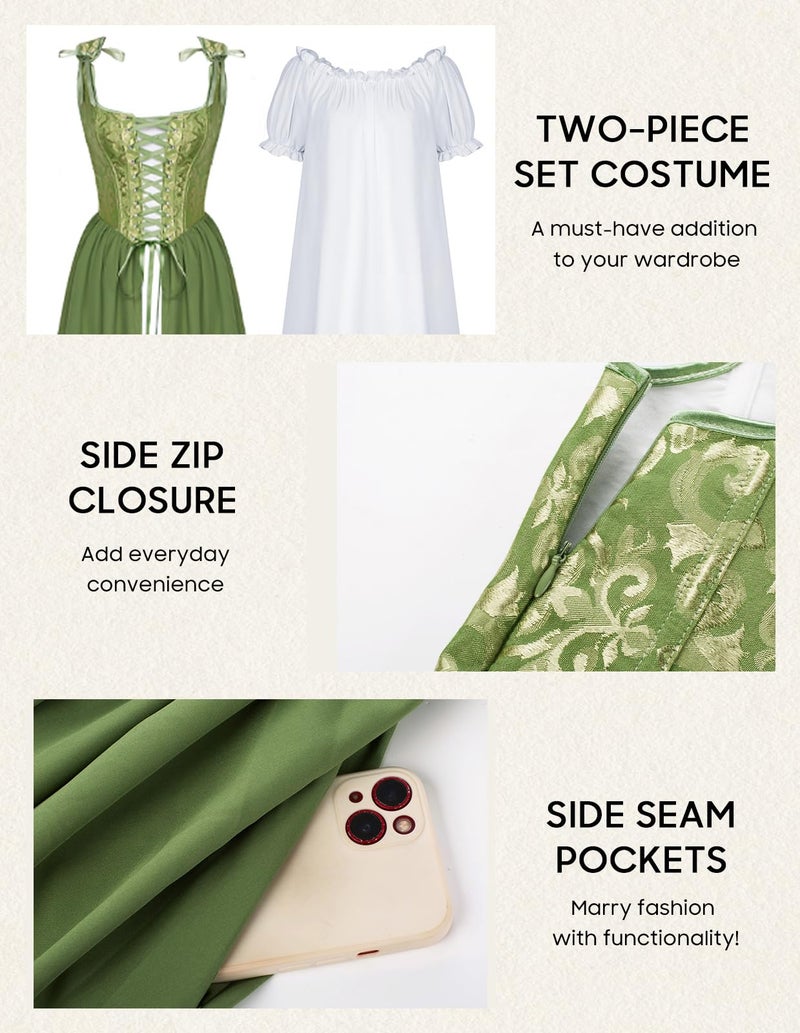 Scarlet Darkness Renaissance Costume Women Medieval Corset Dress Puff Sleeve Fairy Dress Green Size 6 - Image 5