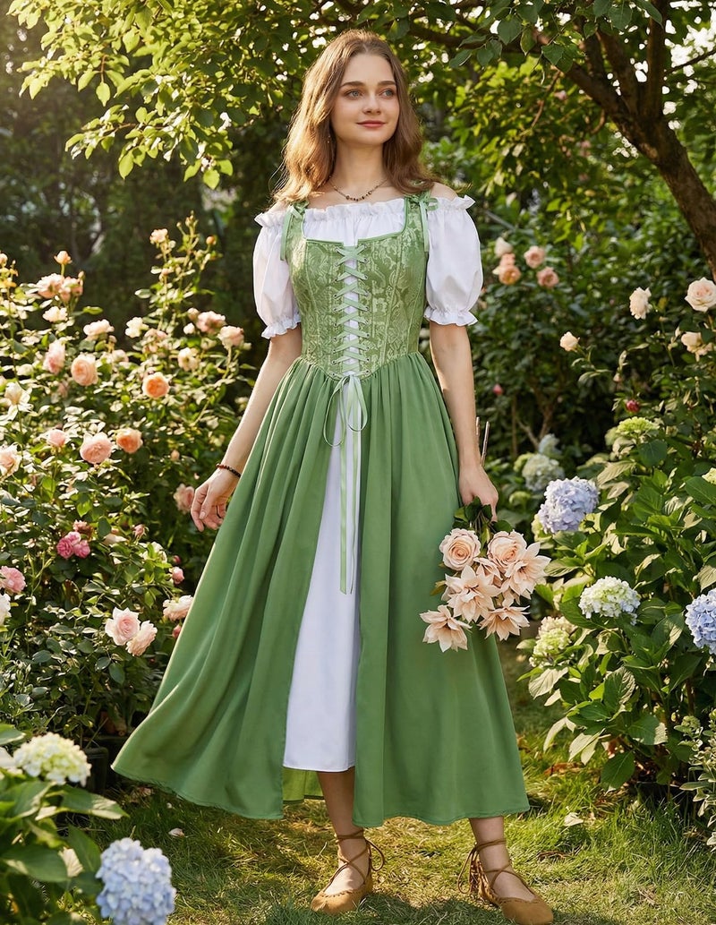 Scarlet Darkness Renaissance Costume Women Medieval Corset Dress Puff Sleeve Fairy Dress Green Size 6 - Image 2