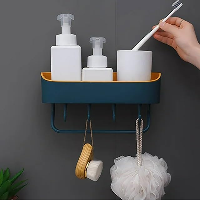 HOME CUBE 1 Pc Self Adhesive Plastic Wall Mounted Bathroom Shelf Rack Kitchen Storage Rack Space Saving Bathroom Shelf Organizer with Towel Holder with 4 Hook No Drilling Shower Organizer - Image 5