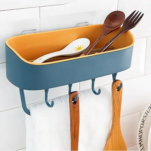 HOME CUBE 1 Pc Self Adhesive Plastic Wall Mounted Bathroom Shelf Rack Kitchen Storage Rack Space Saving Bathroom Shelf Organizer with Towel Holder with 4 Hook No Drilling Shower Organizer - Image 4