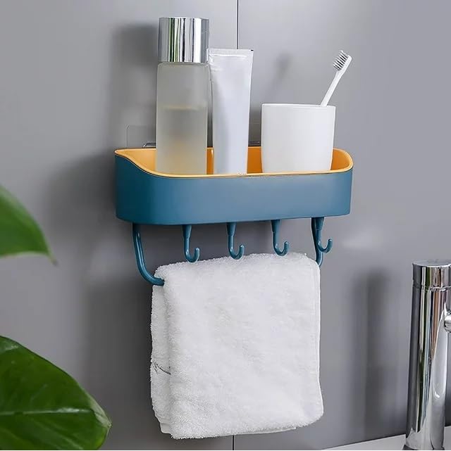 HOME CUBE 1 Pc Self Adhesive Plastic Wall Mounted Bathroom Shelf Rack Kitchen Storage Rack Space Saving Bathroom Shelf Organizer with Towel Holder with 4 Hook No Drilling Shower Organizer - Image 1