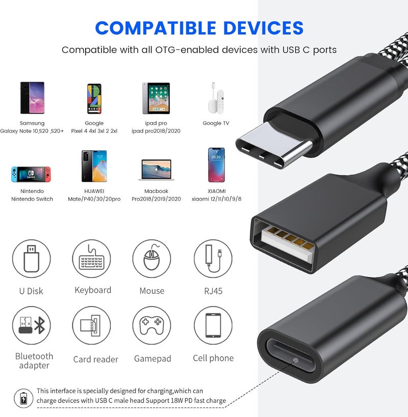 محول USB C OTG مقسم USB C إلى USB مع شحن بقدرة 18 واط PD متوافق مع Samsung Galaxy S22 Note10 Switch Google Chromecast مع Google TV 2020 Pi-KVM طابعة ثلاثية الأبعاد Octo4a LGG8 Google Pixel4 XL - Image 2