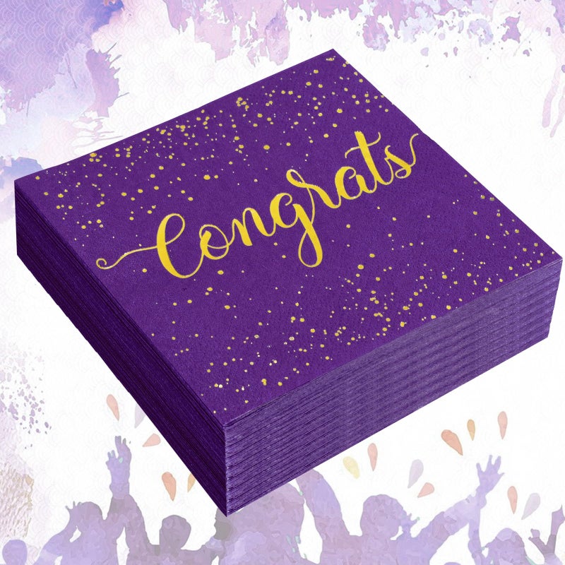 Whaline 80Pcs Congratulation Paper Napkin Gold Foil Congrats Dinner Napkin Purple Graduation Party Disposable Lunch Napkins for Engagement Baby Shower Celebration Party - Image 3