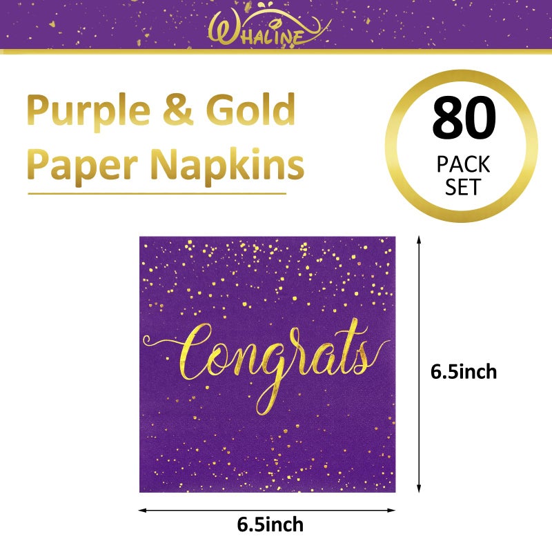 Whaline 80Pcs Congratulation Paper Napkin Gold Foil Congrats Dinner Napkin Purple Graduation Party Disposable Lunch Napkins for Engagement Baby Shower Celebration Party - Image 1