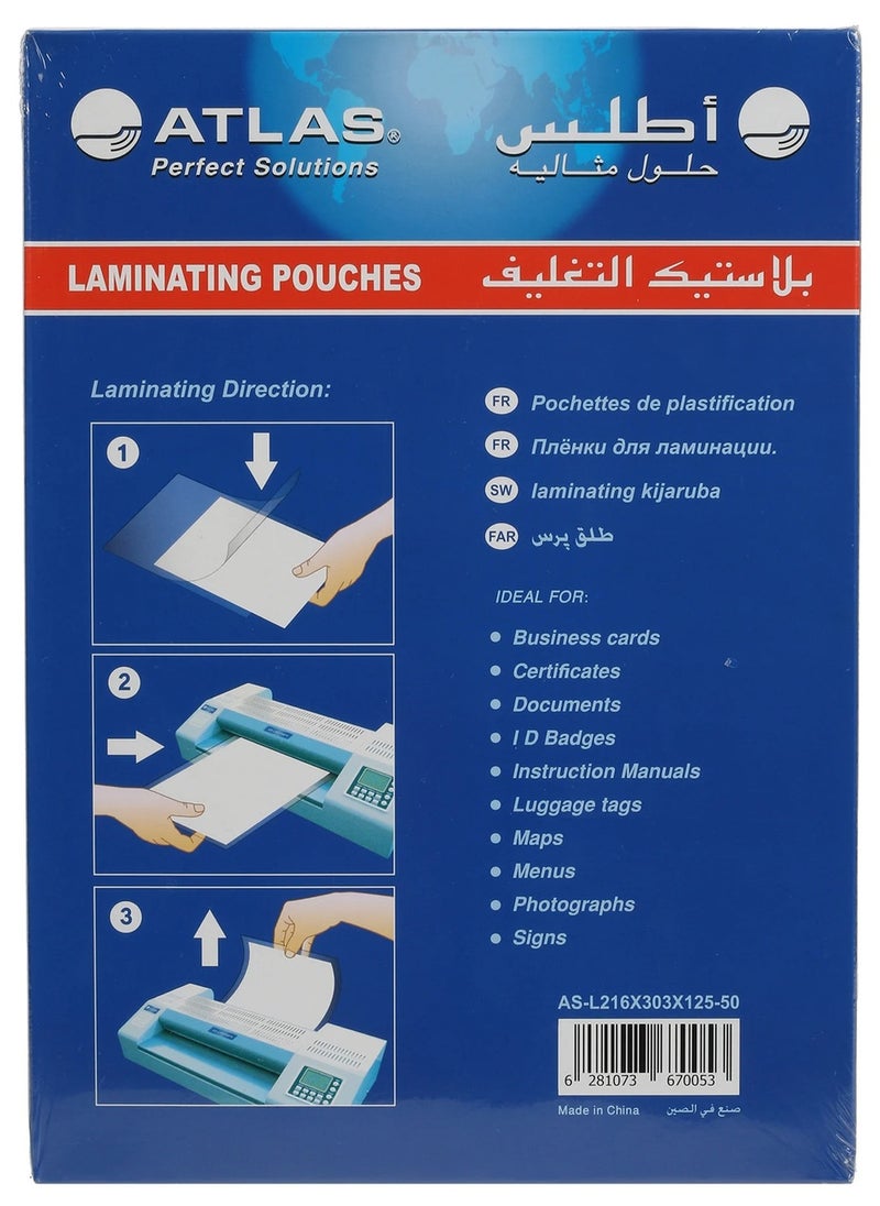 ATLAS Atlas A4 Laminating Film | 216X303MM |125Micron | Pack of 50PC 