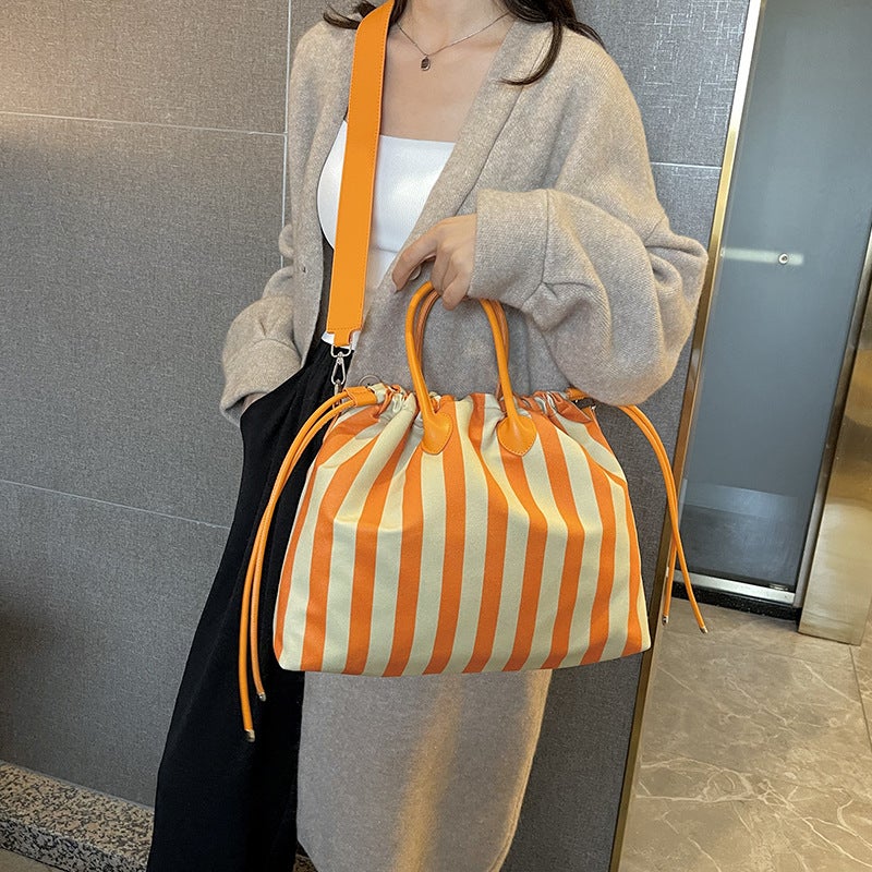 2024 Winter Style Handbag Textured Large Capacity Striped Drawstring Women'S Bag Shoulder Crossbody Bag - Image 3