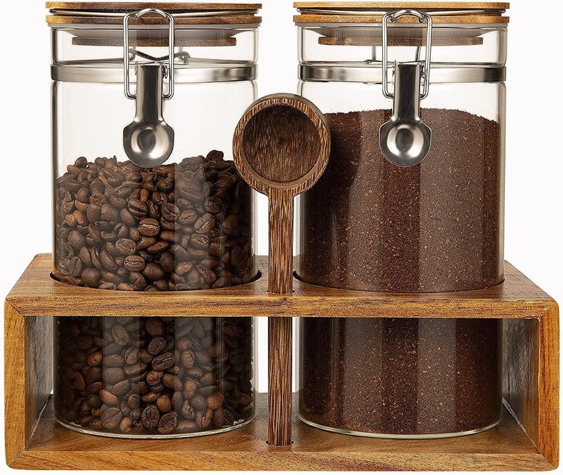 Yangbaga Glass Coffee Container with Wooden Shelf,2×45OZ Coffee and Sugar Container Set,Coffee Canisters with Airtight Lids and Scoop,Large Capacity Food Storage Jars for Coffee Beans,Nuts,Tea,Sugar - Image 1
