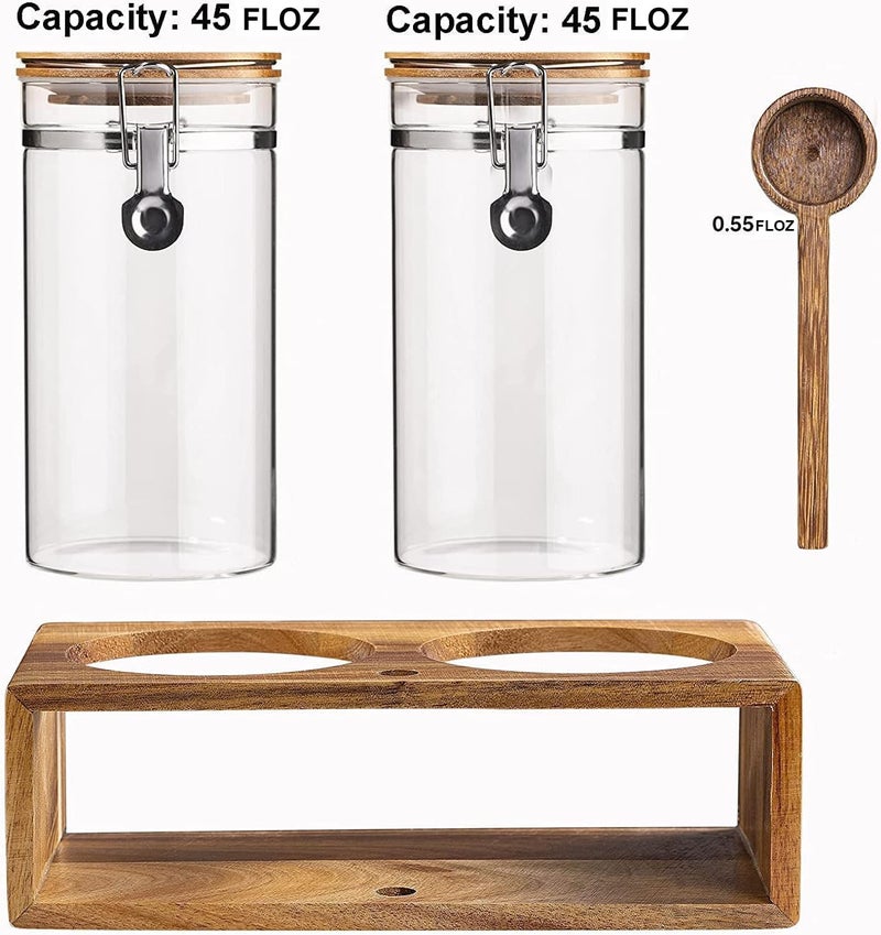 Yangbaga Glass Coffee Container with Wooden Shelf,2×45OZ Coffee and Sugar Container Set,Coffee Canisters with Airtight Lids and Scoop,Large Capacity Food Storage Jars for Coffee Beans,Nuts,Tea,Sugar - Image 2