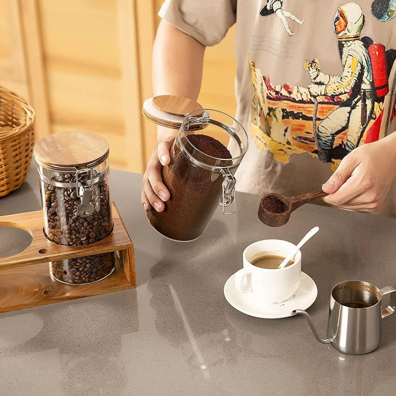 Yangbaga Glass Coffee Container with Wooden Shelf,2×45OZ Coffee and Sugar Container Set,Coffee Canisters with Airtight Lids and Scoop,Large Capacity Food Storage Jars for Coffee Beans,Nuts,Tea,Sugar - Image 5