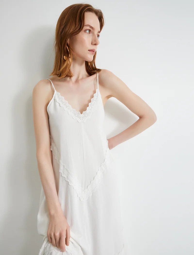 KOTON Viscose Mix Embroidered Voluminous V Neck Strappy Long Dress