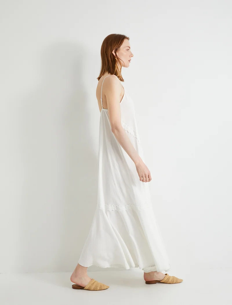 KOTON Viscose Mix Embroidered Voluminous V Neck Strappy Long Dress