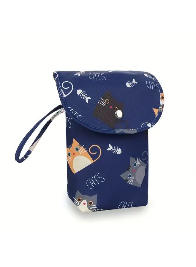 Blue Cat Cactus Print Diaper Storage Bag Spacious Zippered Wipe Case Easy Clean Portable Organizer - Image 1