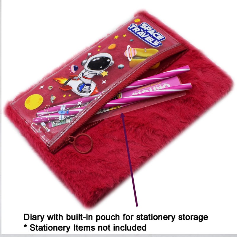 Asera 1 Pc Fur Plush Diary with attached Pencil Pouch for Kids (21.5 * 15 cms) / Birthday Return Gifts for Kids, 70 Pages (Red Space) - Image 2