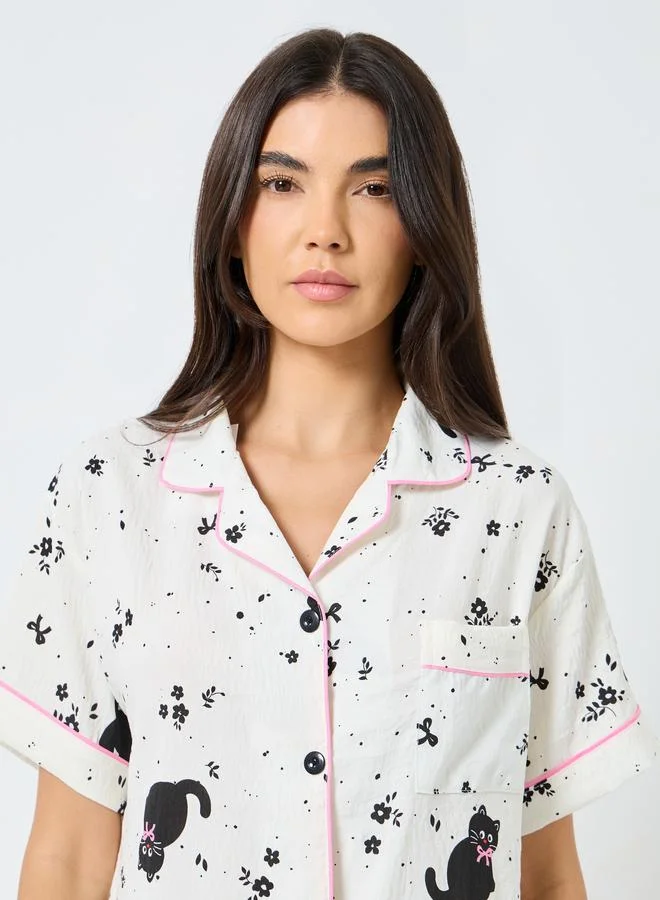 تايك تو طقم من بنطال بيجاما وشورت وبلوزة بطبعة قطة