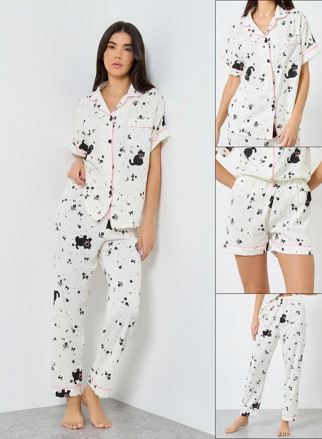 Take Two Take Two Pack of 3 - Cat Print Shirt, Short and Pyjama