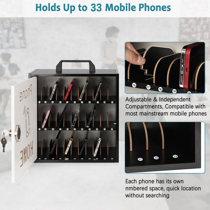Loghot Wooden Cell Phone Storage Cabinet, 33 Adjustable Slots Cell Phone Locker with Security Lock & Handle, Desktop Phone Organizer for Classroom, Office & Repair Shops (Black) - Image 3