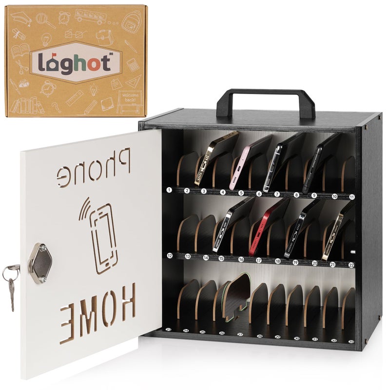 Loghot Wooden Cell Phone Storage Cabinet, 33 Adjustable Slots Cell Phone Locker with Security Lock & Handle, Desktop Phone Organizer for Classroom, Office & Repair Shops (Black) - Image 1
